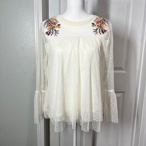 Xhilaration Ivory Mesh Floral Embroidered Long Sleeve Top Women's Large